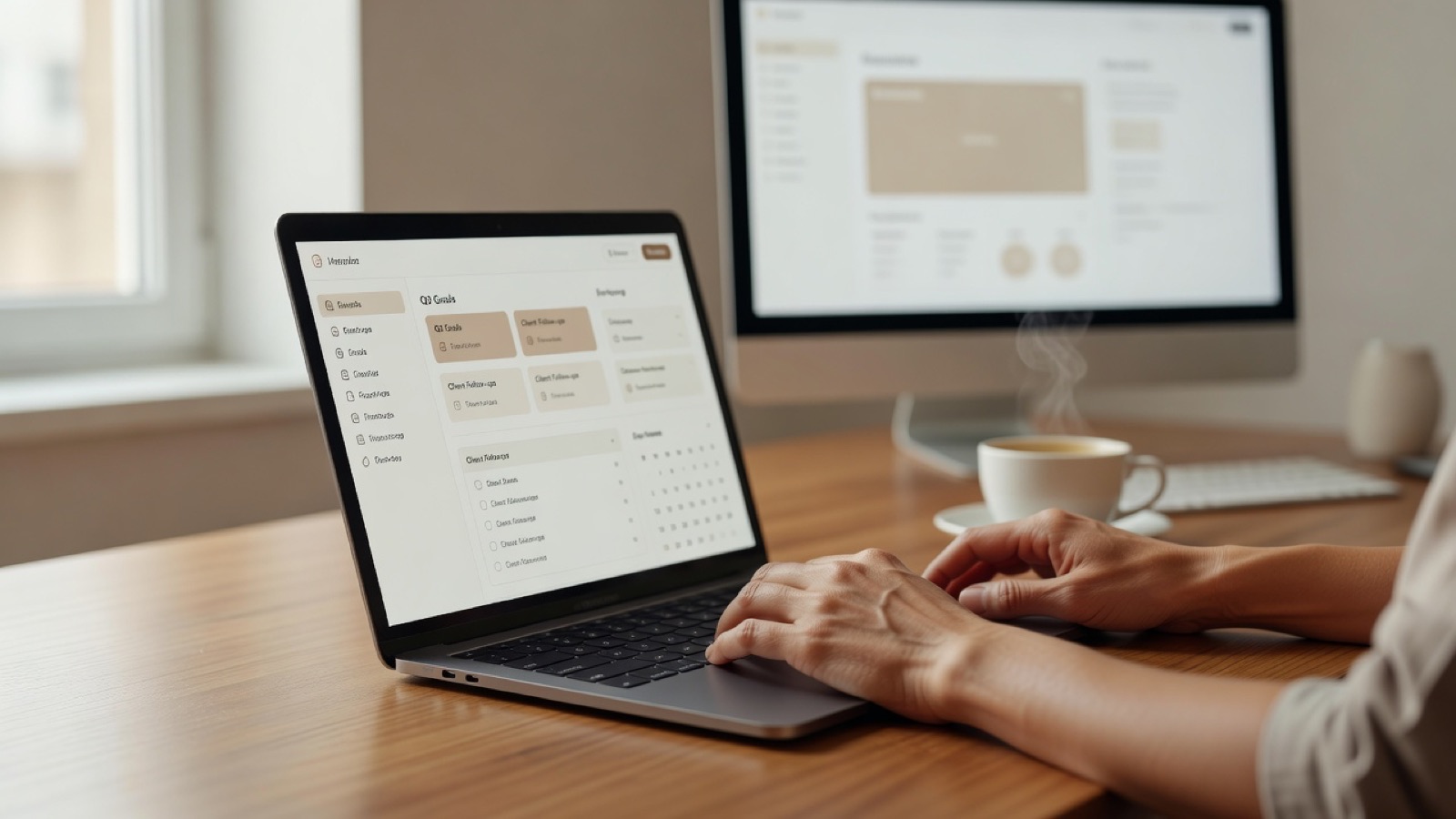 A calm workspace in warm light: hands at a laptop showing a simple task dashboard and calendar, with a second screen quietly handling routine work.